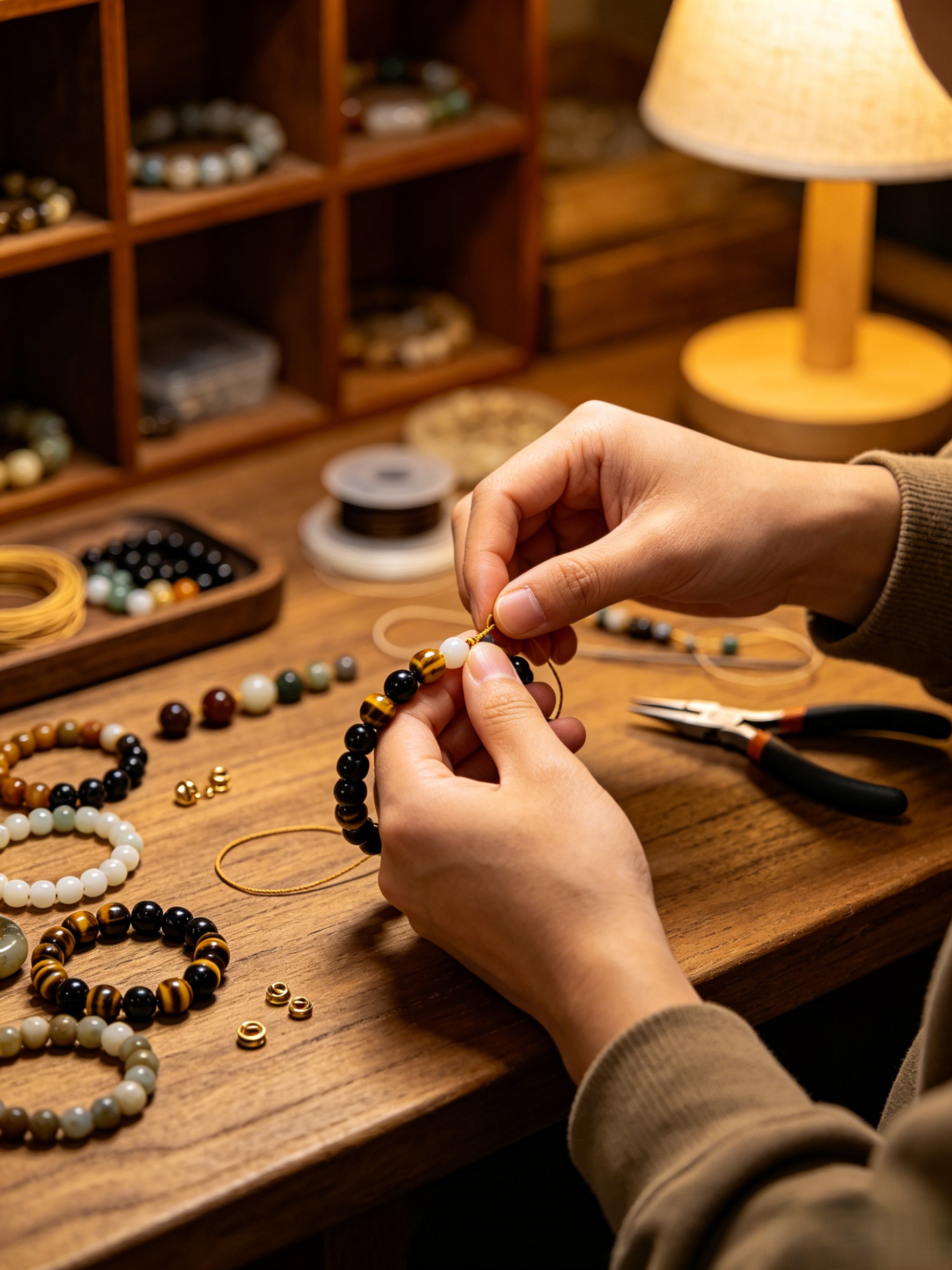 Handcrafting beaded bracelets at the workbench