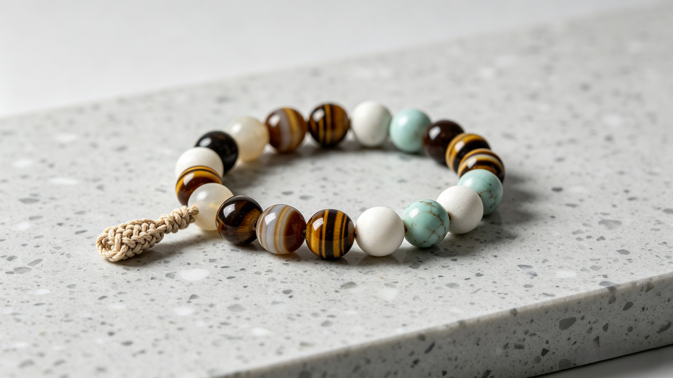 Close-up of natural stone beads and handmade pendants